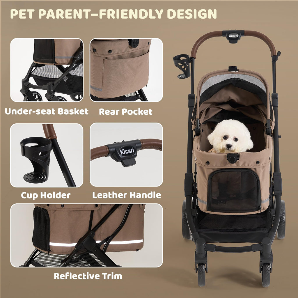 Kicari All-Terrain Dog Stroller for Small to Medium Dogs, Pet Stroller for Dogs & Cats Outdoor Walks, One-Hand Easy Fold, Double-Layer Anti-UV & Waterproof Canopy & Breathable Mesh, Mocha Brown
