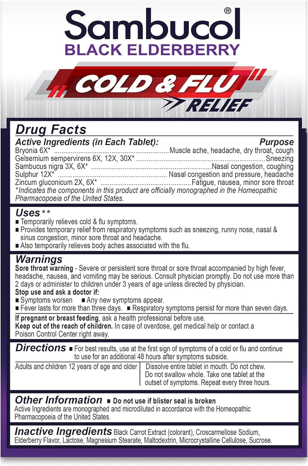 Sambucol Cold and Flu Relief Tablets - Homeopathic Black Elderberry Cold Medicine, Drowsy Free Remedy for Adults with Zinc, Quick-Dissolving Tablets for Men and Women - 60 Count