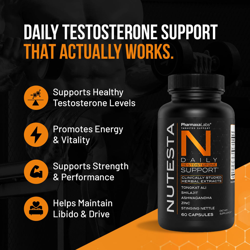 Nutesta Men's Support Supplement - Ashwagandha, Zinc, Boron, Tongkat Ali Root, Stinging Nettle, Black Pepper & Shilajit Gum - 60 Capsules