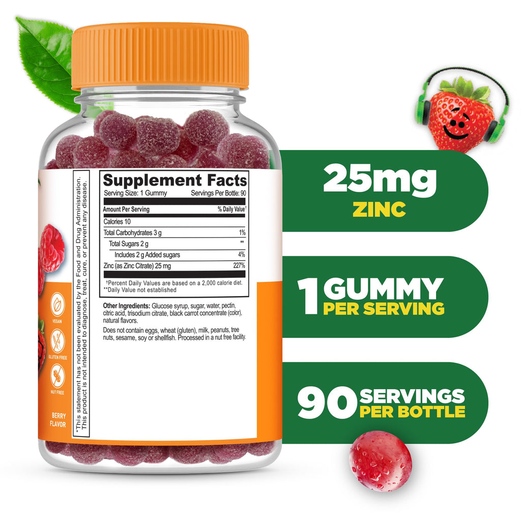 Lifeable Zinc for Kids | 25mg | Great Tasting Natural Flavored Zinc Gummies | Gluten Free Vegetarian Non GMO Zinc Supplements | Kids Zinc for Immune Support | 90 Gummies