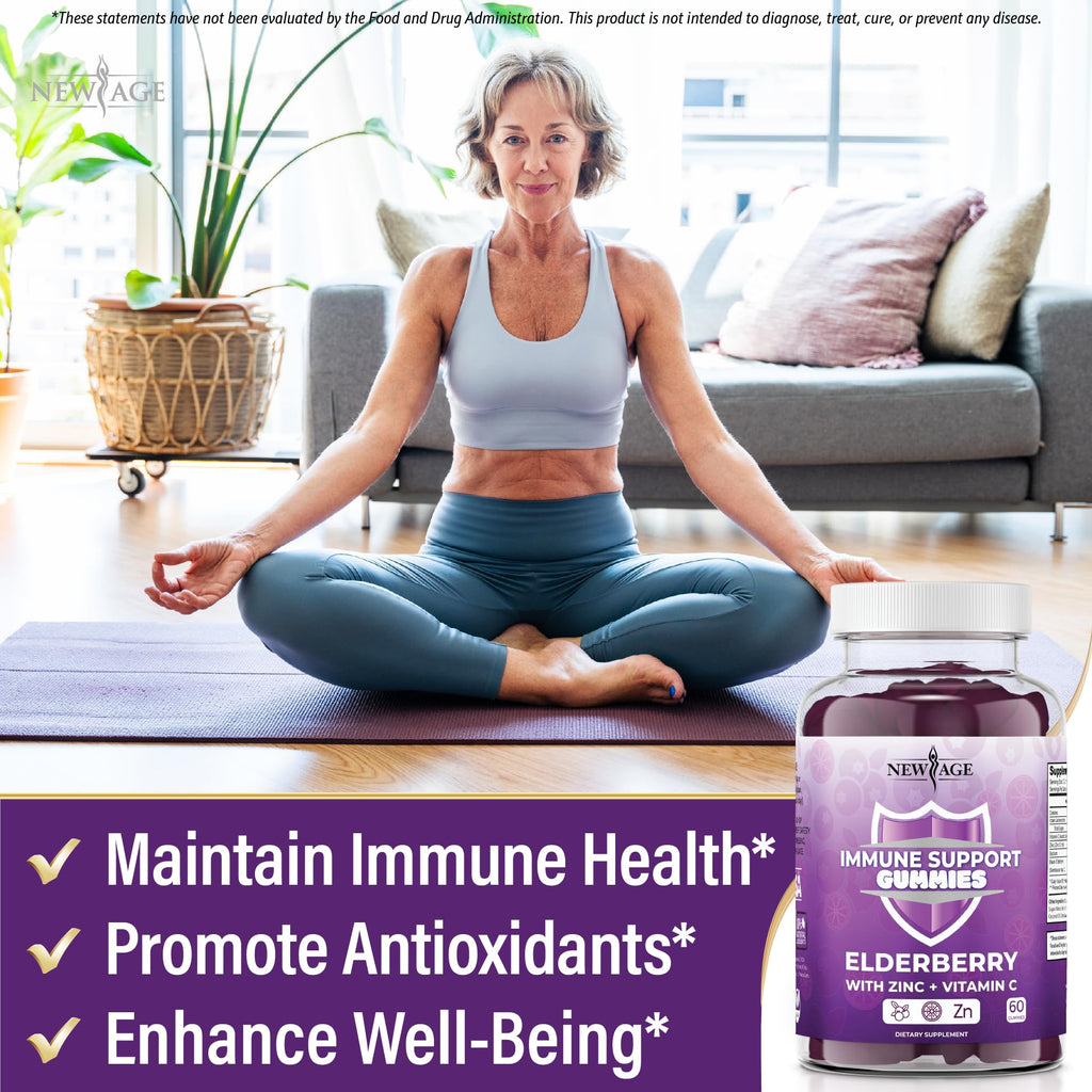 NEW AGE Immune System Support Gummies - Sambucus Black Elderberry Gummies with Vitamin C and Zinc (60 Count (Pack of 1))