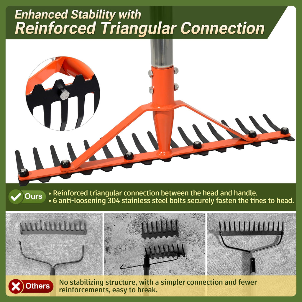 CKLT 62 Inch Garden Rake with 17 Tempered Spring Steel Tines