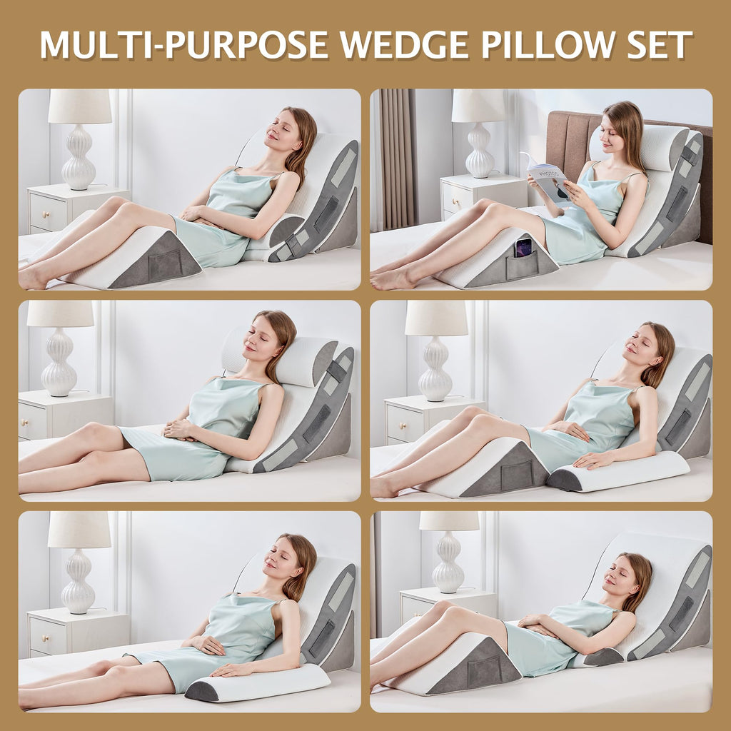 Bed Wedge Pillow, 4PC Adjustable Memory Foam Triangle Wedge Pillow Set For After Surgery, Pillow Wedge For Sleep Apnea, Back Pain Relief, Acid Reflux Relief, Orthopedic Pillow Wedge For Sleeping, Grey