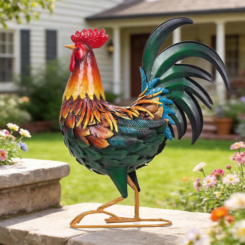 Ratuor Metal Rooster Decor Garden Statue Chicken Yard Art Outdoor Sculpture