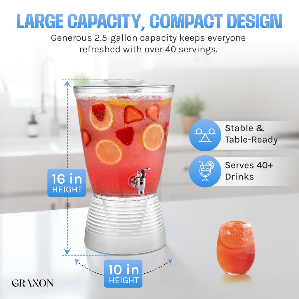 Drink Dispensers for Parties (2.5 Gallon) Large Plastic Water Dispenser for Counter Tops, No Mess, Easy to Assemble & Wash, Up to 40 Drinks, For Drinks, Juice, Punch & Water (2 Pack)