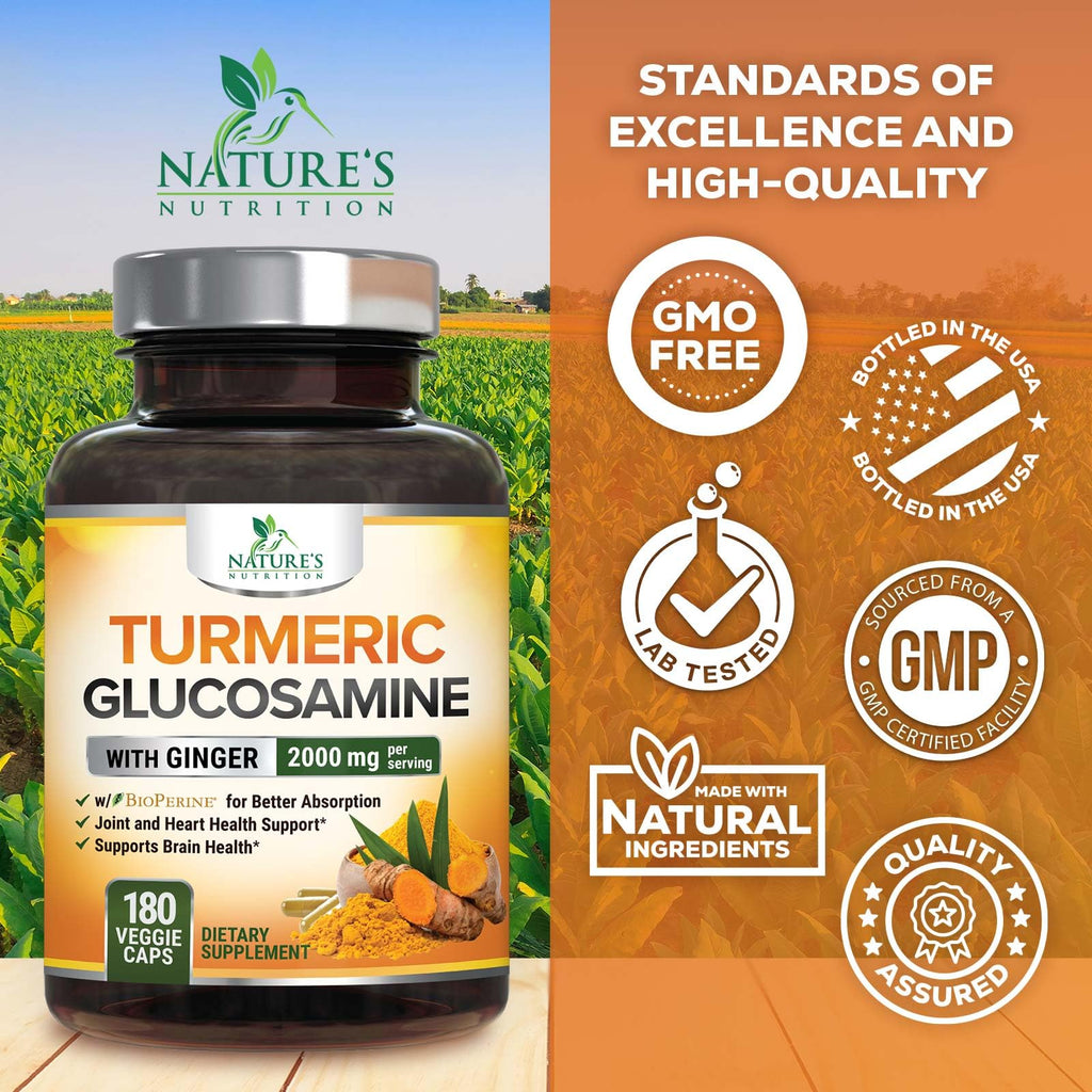 Turmeric Curcumin Supplement 2000mg - 95% Curcuminoids with Glucosamine, Ginger & MSM, BioPerine Black Pepper for Best Absorption, Nature's Vegan Joint Support, Non-GMO, Bottled in USA - 180 Capsules