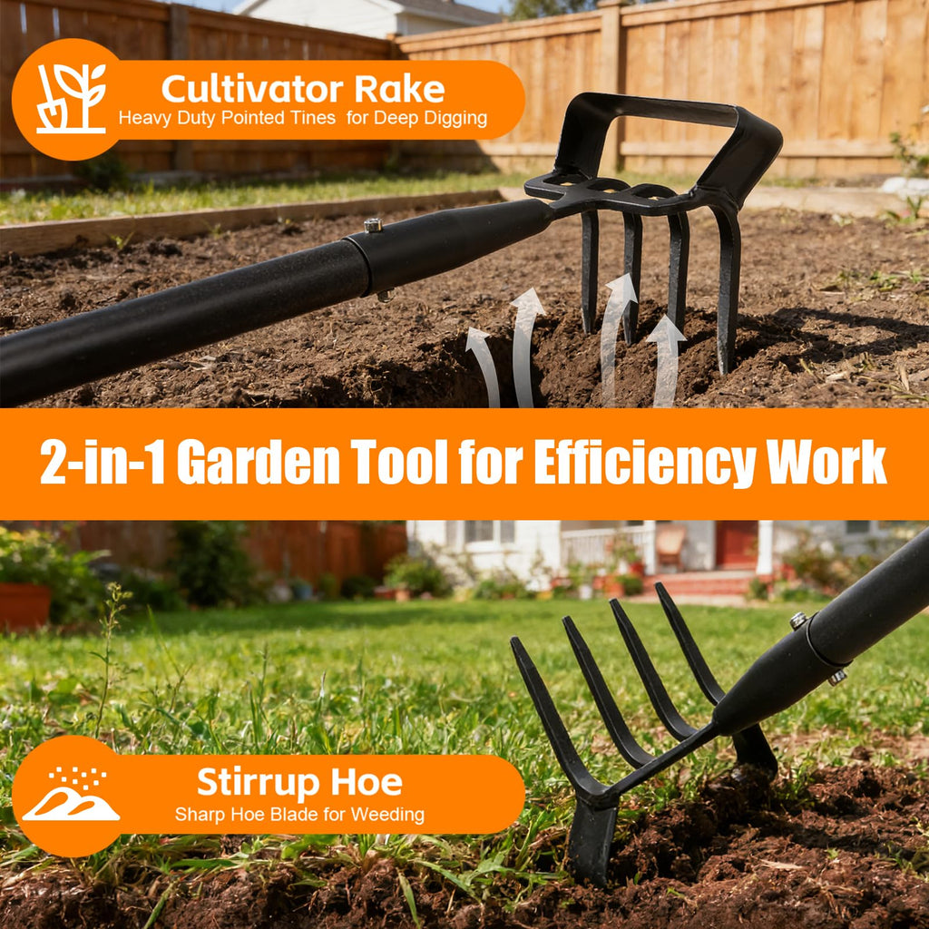 Garden Hoe, 62 Inch Weed Tool, Long Soil Tiller Cultivator, Heavy Duty Metal Stirrup Hoe Garden Tool Weeder Scraper Rake for Flower Beds, Patio, Garden Cultivating Loosening Soil Weeding Digging