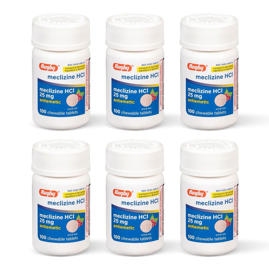 Rugby Meclizine Chewable Tablets 25mg - Anti-Nausea Medicine Helps with Motion Sickness - 100 Count (6 Pack)