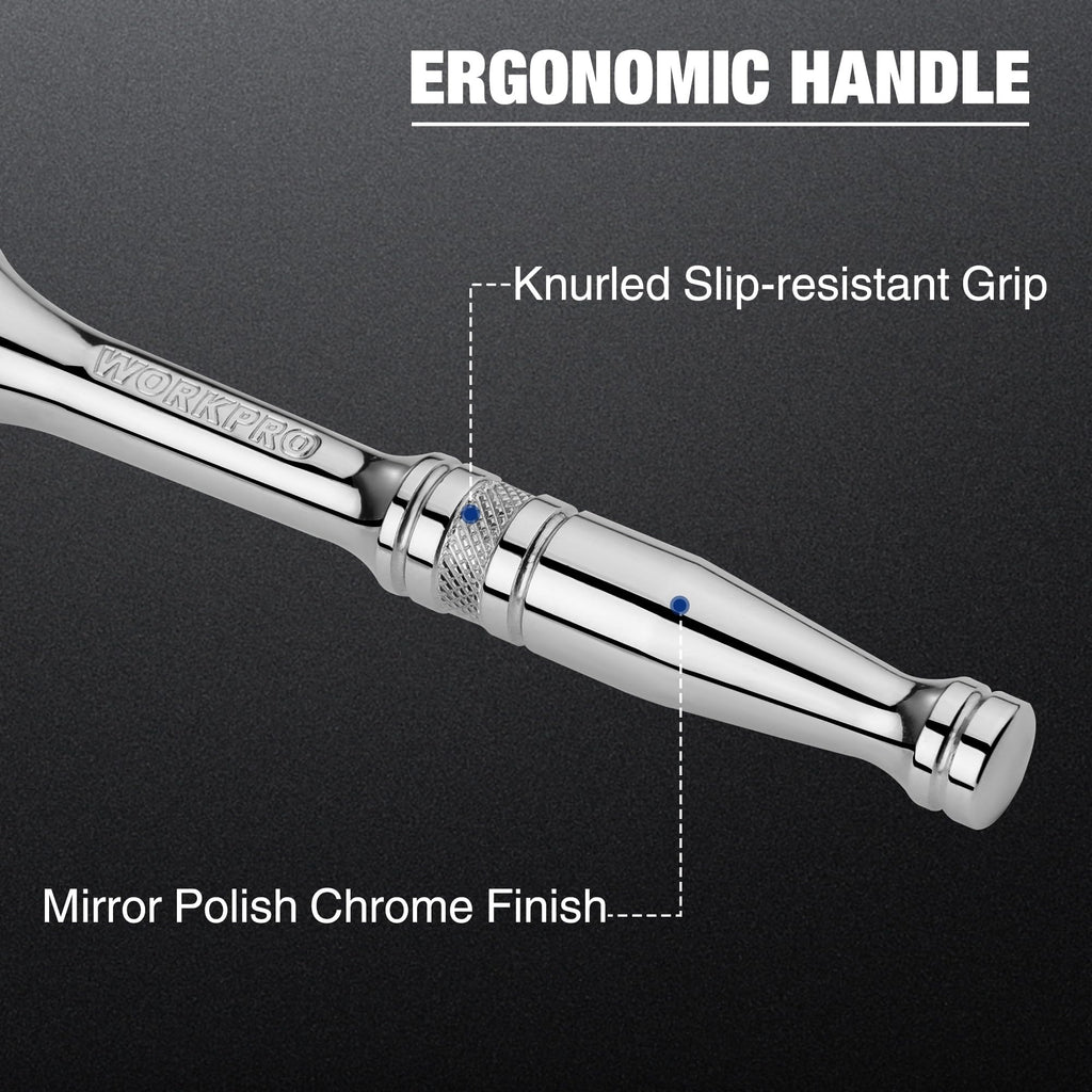 WORKPRO 1/2-Inch Drive Ratchet, Quick-Release Reversible Ratchet Wrench, 72-Tooth Handle, Chrome Alloy Made, Cr-Mo Head, Full Polished