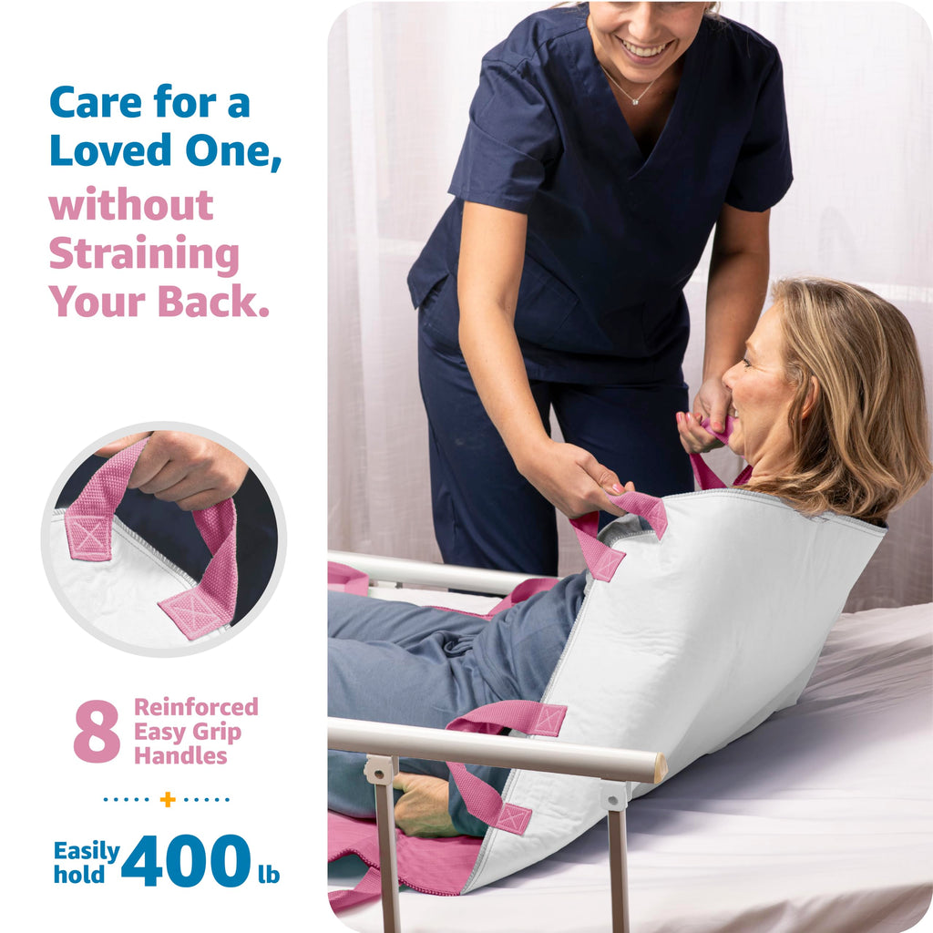 Improvia Positioning Bed Pad, with 8 Reinforced Handles, Quick-Drying, Washable, Waterproof, for Lifting, Turning, Transfering, Elderly and Incontinence Patients (Pink, 34" x 52" - Pack of 1)