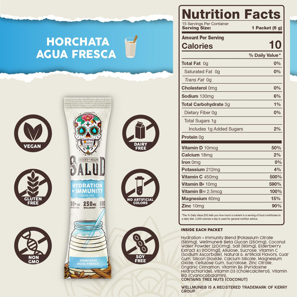 Salud 2-in-1 Hydration Packets + Immunity Electrolytes Powder, Horchata - Agua Fresca Drink Mix, Elderberry, Dairy & Soy Free, Non-GMO, Gluten Free, Vegan, Low Calorie, 1g Sugar (15 Servings)