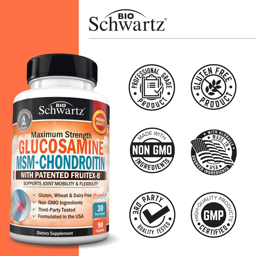 Glucosamine Chondroitin MSM Joint Support Supplement - Collagen Peptides, Turmeric and Ginger, Hyaluronic Acid, Glucosamine Chondroitin Sulfate for Joint Comfort - Gluten Free, Non GMO, 90 Capsules