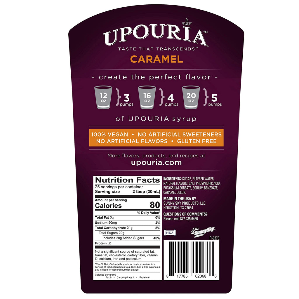 Sunny Sky Upouria Coffee Syrup Variety Pack - French Vanilla, Mocha, and Caramel Flavoring, 100% Vegan, Gluten Free, Kosher, 750 mL Bottle - 3 Coffee Syrup Pumps Included