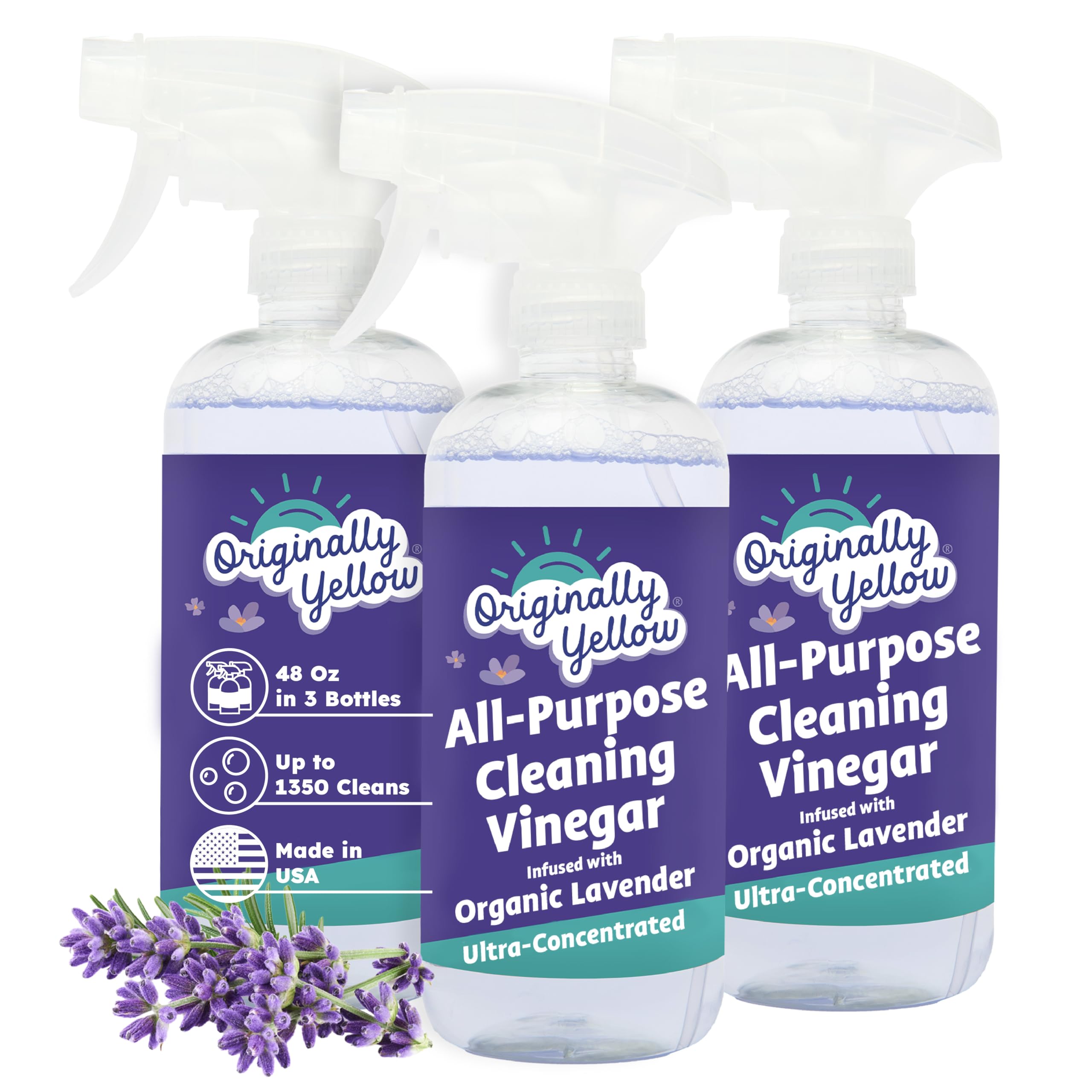 Originally Yellow Lavender distilled white vinegar for cleaning purpose Spray | Cleaning Vinegar For home | Living Room, Bathroom, & Kitchen | Plant-Derived All Purpose Cleaner Spray | 3 Pack