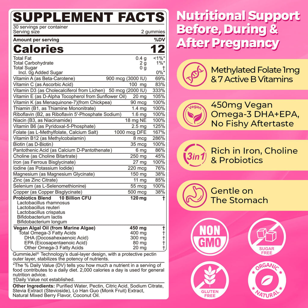 Prenatal Multivitamin Gummy for Women w/Methylfolate 1mg, Iron Choline Omega-3(DHA+EPA), Prenatal Vitamins for Women Gummies, Postnatal Vitamins | Before,During & After Pregnancy, Sugar Free,120Cts