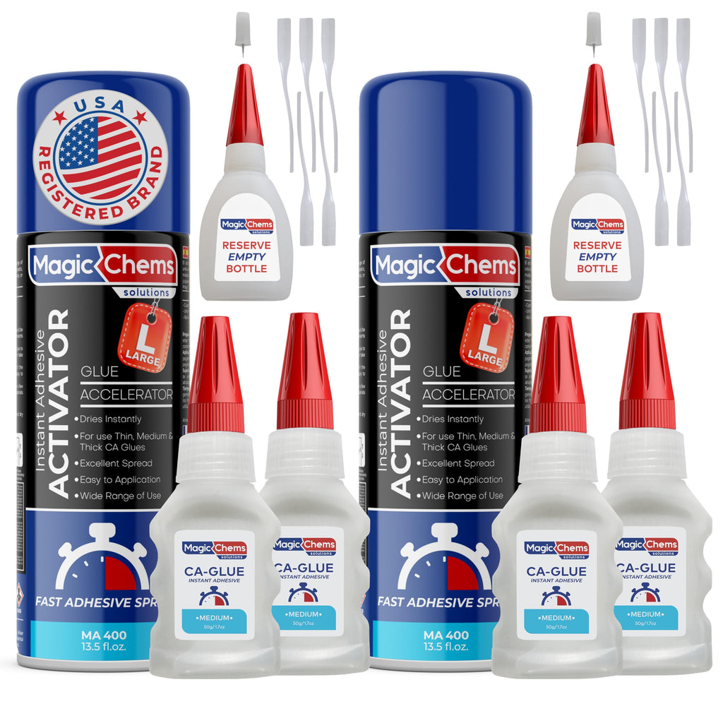 CA Glue with Activator (4 x 1.7 oz + 2 x 13.5 fl oz Activator), Cyanoacrylate Adhesive for 3D Printing & Acrylic, Strong Bond Super Glue Accelerator Set (2 Pack)