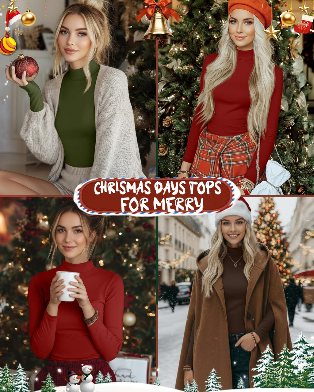 Ficerd 3 Pack Women's Mock Turtleneck Shirts, Long Sleeve Mock Neck Pullover Tops Slim Fitted Stretch Undershirt Tee Blouse(Dark Coffee, Christmas Green, Christmas Red,Medium)