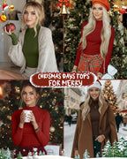 Ficerd 3 Pack Women's Mock Turtleneck Shirts, Long Sleeve Mock Neck Pullover Tops Slim Fitted Stretch Undershirt Tee Blouse(Dark Coffee, Christmas Green, Christmas Red,Medium)