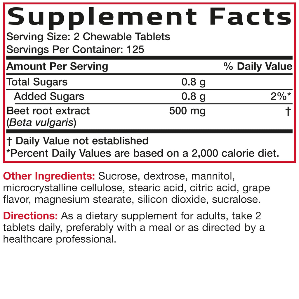 Bronson Beet Root Chewables, Grape Flavored - Extra Strength Per Serving Circulation Support Heart Health & Stamina, Non-GMO, 250 Vegetarian Grape Flavored Chewable Tablets
