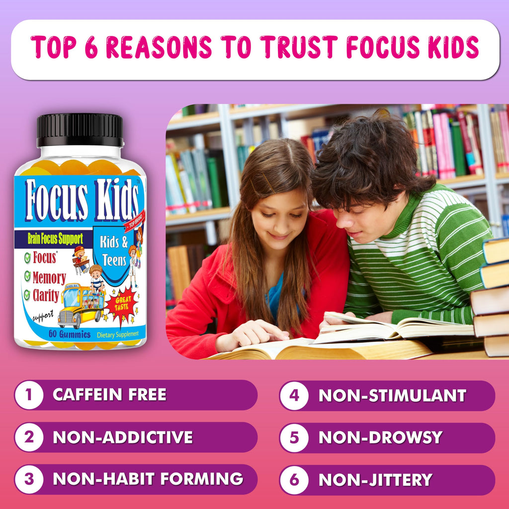 Focus Kids Gummies for Kids and Teens, Attention, Memory & Concentration, Focus Supplement for School & Study Brain Vitamins for Children DHA & Omega 3-6-9 – 60ct