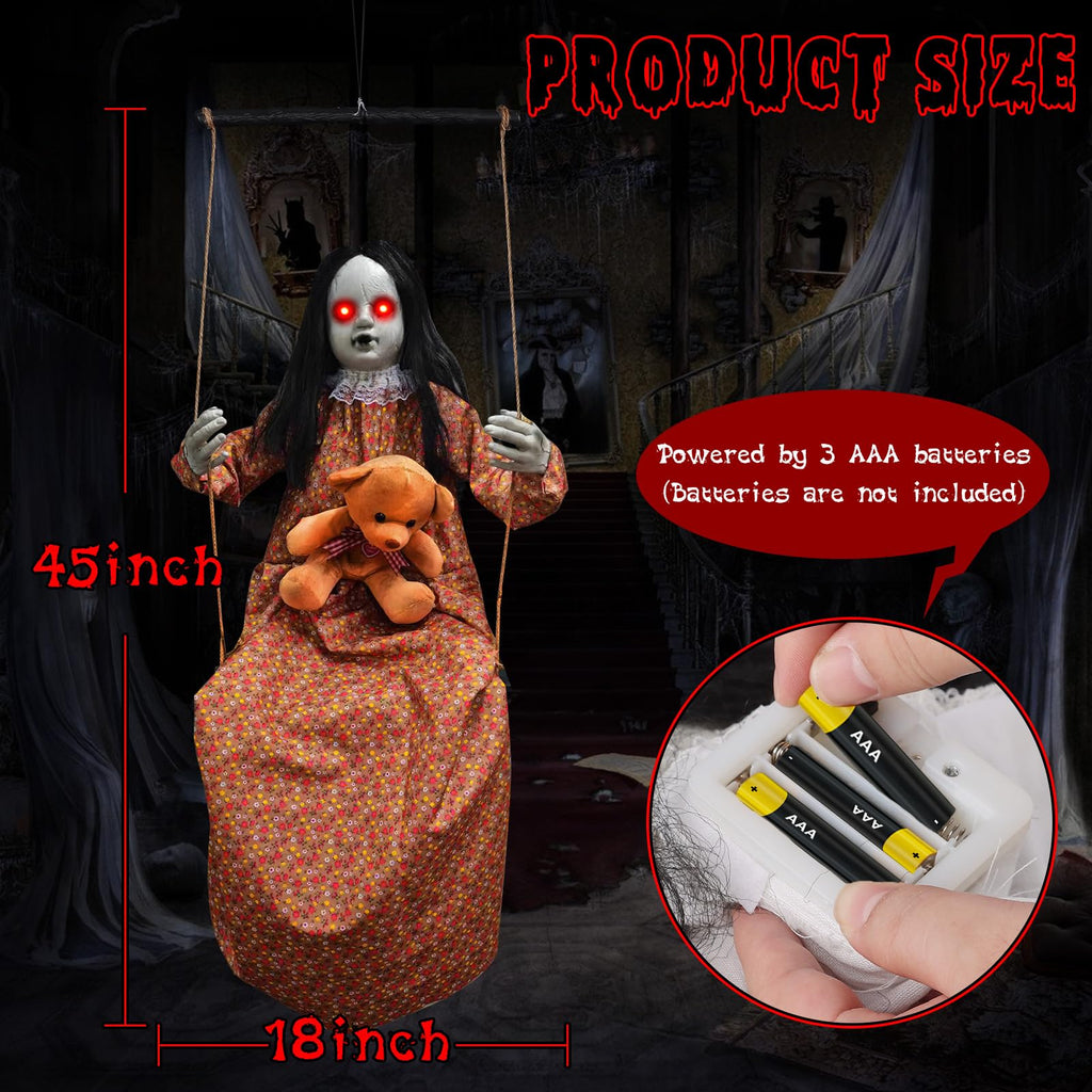 Scary Halloween Decorations Outdoor, 45-Inch Hanging Swinging Doll Girl