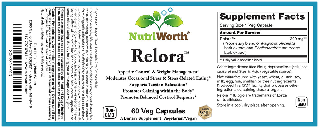NutriWorth Relora - Stress & Weight Management Supplement. 300MG Vegetable Capsules - 60 Servings per Bottle.