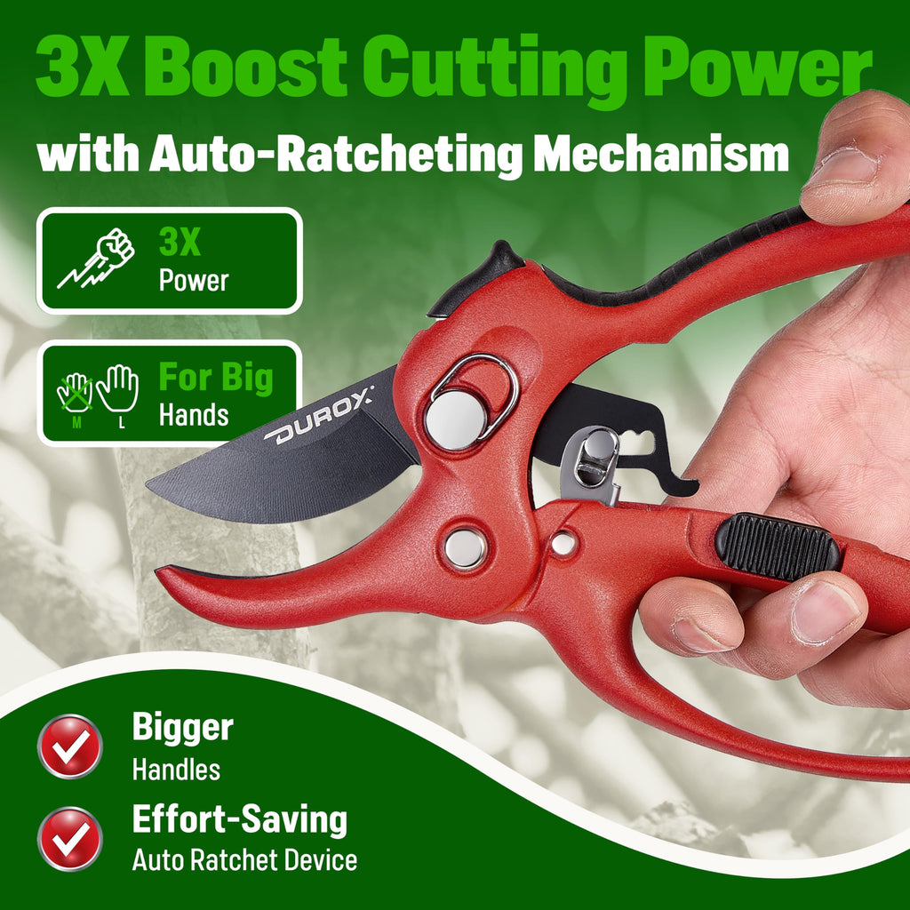 DUROX - Ratchet Pruning Shears, Garden Shears with 3X Cutting Power. Effort-Saving Heavy-Duty Anvil Pruners. Replaceable Blade Cutting Blade Design. Ideal Secateurs for Precise Trimming, Model DGR-01
