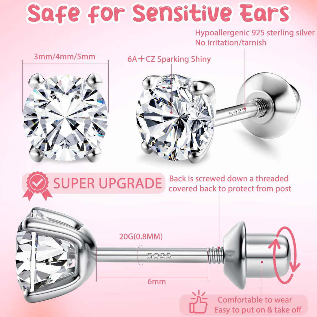 FASACCO 925 Sterling Silver Stud Earrings 18K White Gold Plated Screw Back Earrings for Women Girls Hypoallergenic Cubic Zirconia Earrings Studs 3MM 4MM 5MM Sparkling CZ Silver Over 36 Months Old