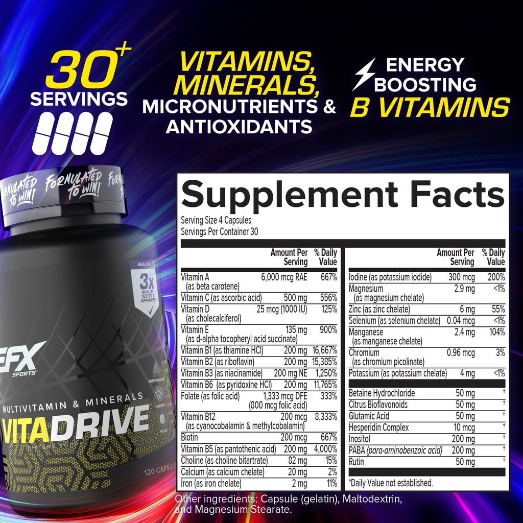 EFX Sports Vita Drive | Multivitamin Formulated for Athletes | Complex of Vitamins, Minerals, Micronutrients, & Antioxidants | 30 Servings, 120 Capsules