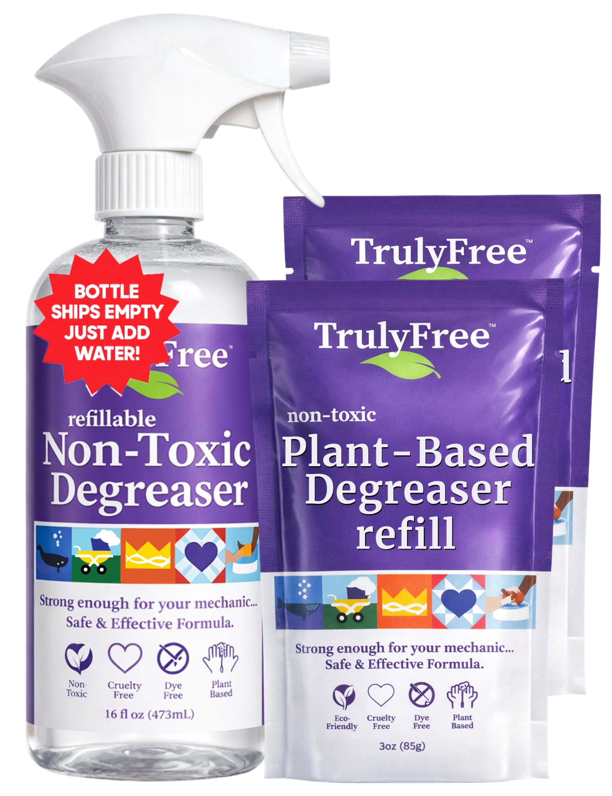 Truly Free Heavy Duty Degreaser- Grease Remover & Grime Cleaner for Kitchen, Automotive & More, Household Cleaning Supplies, Fragrance-Free, Includes 16 oz Reusable Empty Bottle & 2 Refills (4 oz)