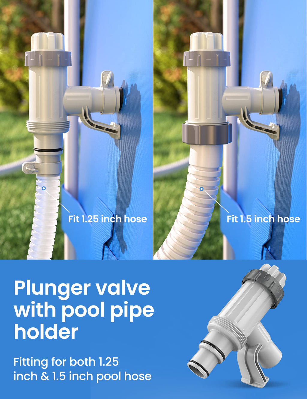 [PATENTED] Deeroll Pool Plunger Valve Plus for Above Ground Pool - 2-in-1 Plunger Valve Replacement Parts, Pool Accessories 1/4 Inch Pool Pipe Holder with Plunger Valve