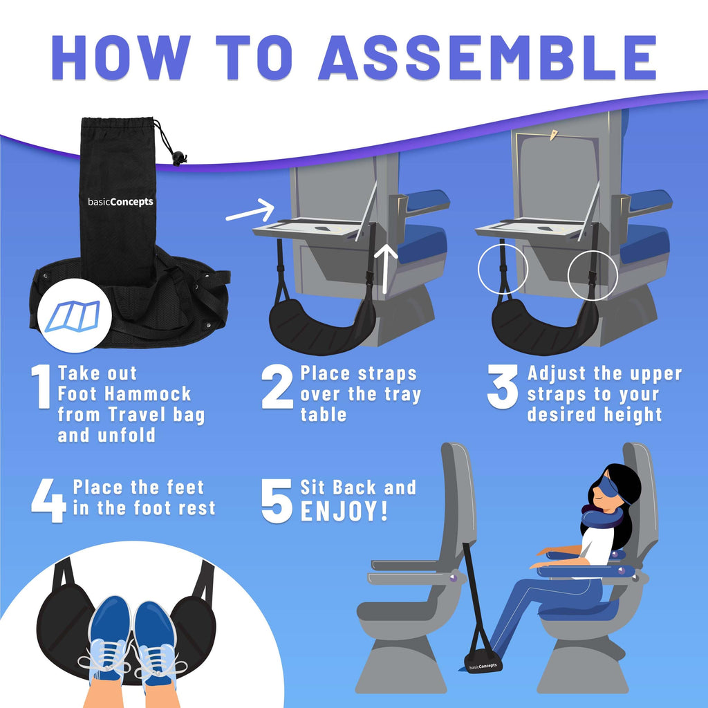 BASIC CONCEPTS Airplane Adjustable Foot Hammock (2 Pack), Perfect or Office Footrest to Relax Your Feet (Memory Foam) - for Travel Accessories, Desk Hammock, Comfy Hanger