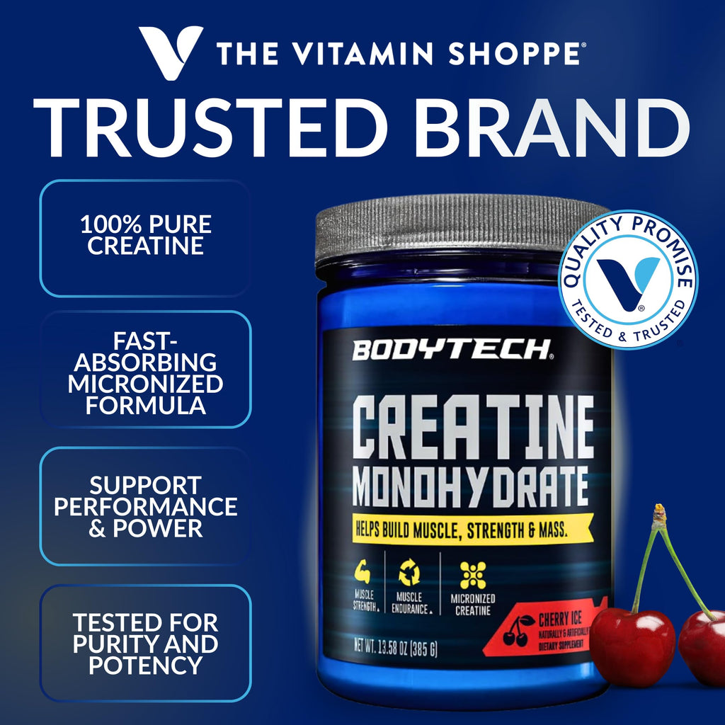 BodyTech 100% Pure Creatine Monohydrate Powder - Micronized for Maximum Absorption - Supports Muscle Strength & Power Output - Cherry Ice (13.58 oz, 55 Servings)