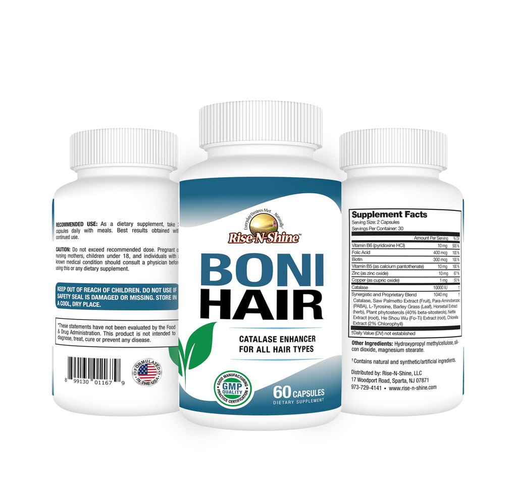 Rise-N-Shine BoniHair Catalase Supplement for Vibrant, Youthful Hair Support- 10,000 IU Catalase with Saw Palmetto, Biotin, Fo-Ti, PABA - 60 Capsules