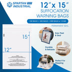 Spartan Industrial - 12” X 15” (100 Count) Self Seal Clear Poly Bags with Suffocation Warning for Packaging, T Shirts & Shipping - Permanent Adhesive