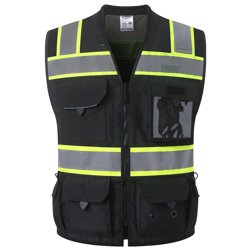 JKSafety Hi-Vis Black Surveyor Safety Vest for Men Women High Visibility Reflective Construction Vest Mesh Cushioned Collar Heavy Duty PPE Inner Pockets ANSI/ISEA Compliant(188-Black L)