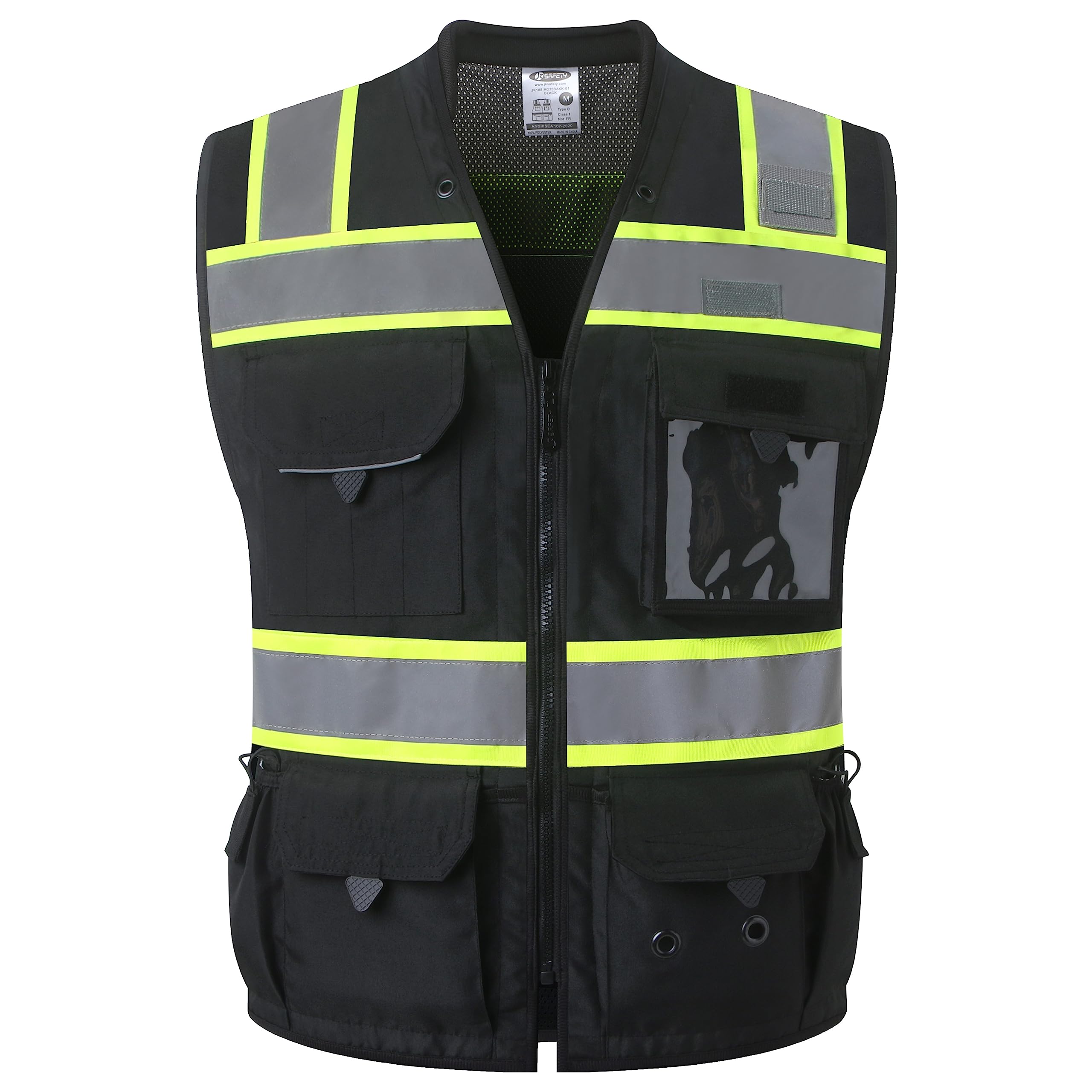 JKSafety Hi-Vis Black Surveyor Safety Vest for Men Women High Visibility Reflective Construction Vest Mesh Cushioned Collar Heavy Duty PPE Inner Pockets ANSI/ISEA Compliant(188-Black L)