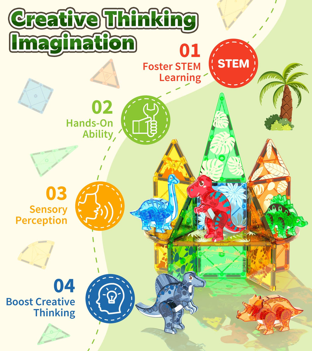 Asago Magnetic Tiles Dinosaurs Magnet Building Blocks Toys for Kids Ages 3-5 4-8 8-12 Creative Animals Educational Stack Tile Construction for Boys Girls Toddlers 5-7 Year Old to STEM Learning