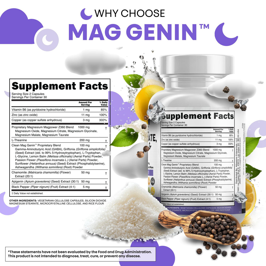 Clean Nutraceuticals Magnesium Glycinate Complex 1000mg with L-Theanine 200mg Apigenin 50mg Citrate Taurate Supplement - 5-HTP GABA Passion Flower Lemon Balm L-Glycine Phosphatidylserine - 60 Count
