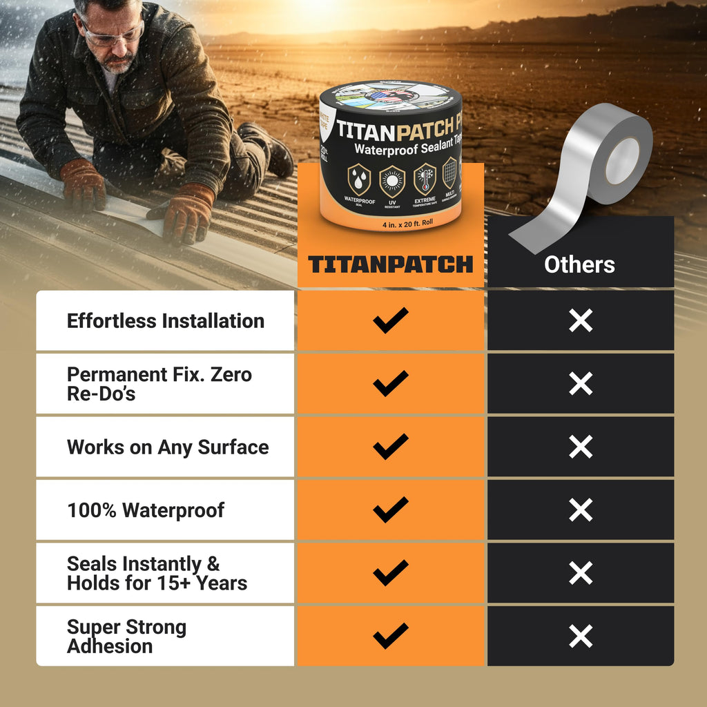TITANPATCH PRO Waterproof Sealant Tape – Black 4" x20' – Stops Leaks Fast & Stays Sealed for 15+ Years – Sticks to RVs, Roofs, Pools, Boats, Gutters – Built for Harsh Weather (-40°F to 190°F)