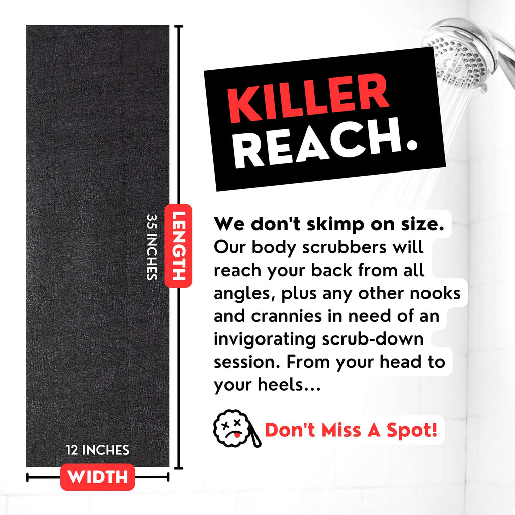 Extra Rough Exfoliating Washcloth - Extreme Body & Back Scrubber for Shower, Hygienic, Long 1 Black & 1 Grey, Men or Women, 2 Count Pack