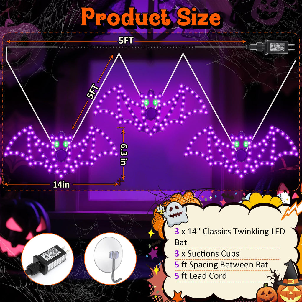 HappyAlley 3-Pack 14" Halloween Classics Twinkling LED Bat Window Lights