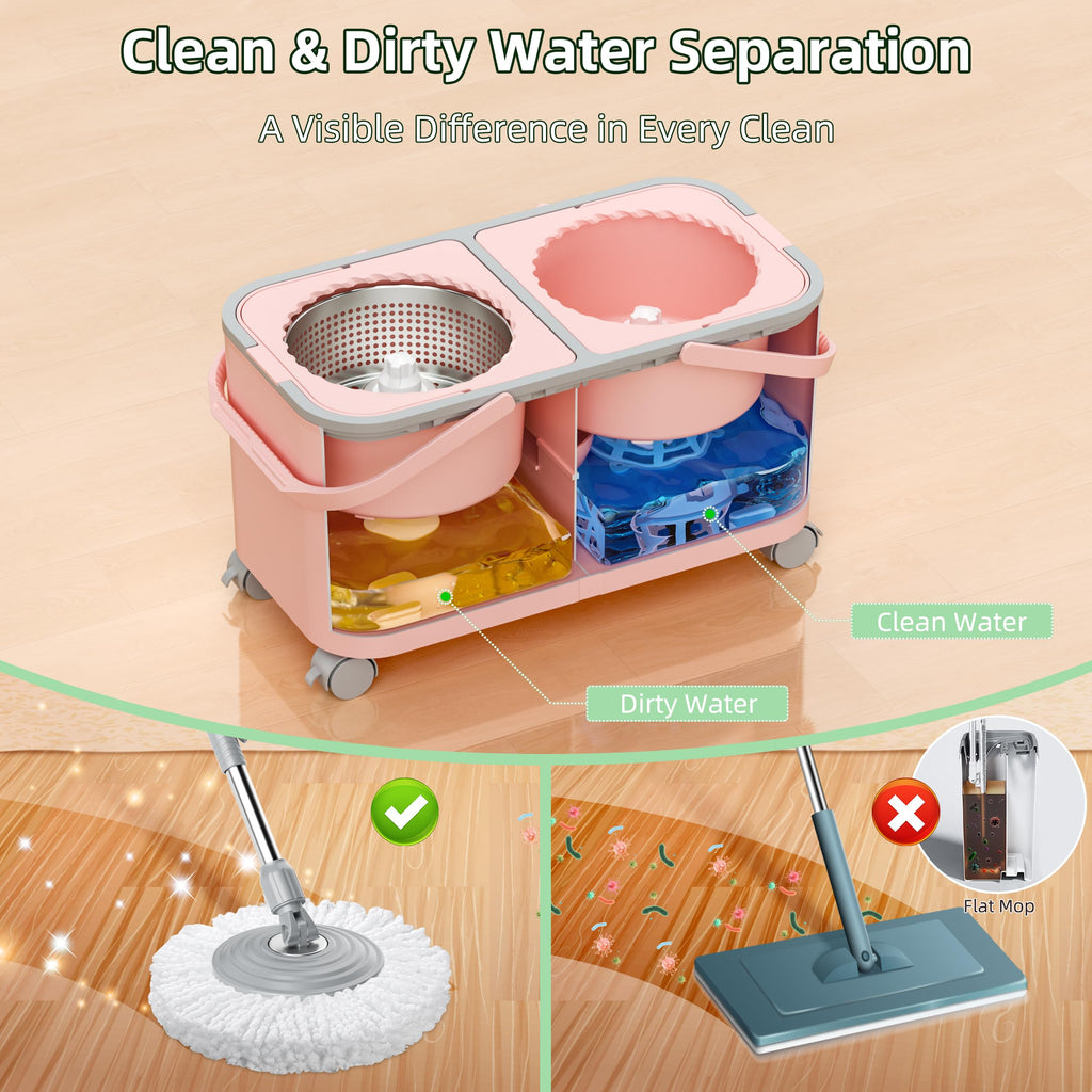 2026 Upgraded Gen 2 Spin Mop and Bucket Set with 4 Swivel Wheels for Easy Rolling, Separates Clean & Dirty Water, Floor Mop with 6 Washable Mop Heads for Wood, Tile, Vinyl, Baseboards - Pink