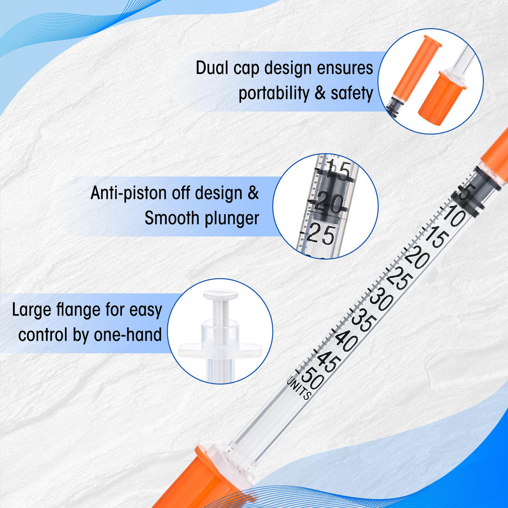 0.5ml Syringes with 30G 5/16 Inch Cap,U-100 5/16" 8mm Disposable Lab Syringe for Scientific,Individually Wrapped, Pack of 100