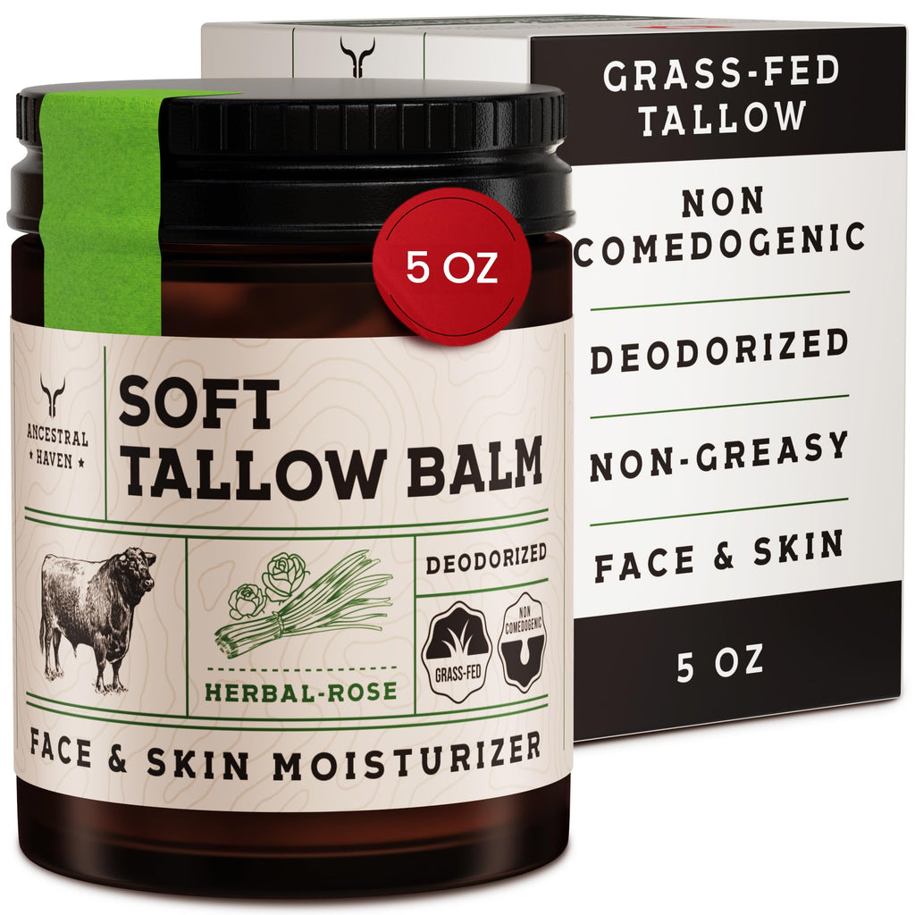Ancestral Haven Beef Tallow for Skin - Tallow And Herbal Balm For Face - Gift Ready Box - Tallow Face Moisturizer - Tallow Balm - Grass Fed Tallow Face Cream Lotion (5.0 Oz, Herbal-Rose)
