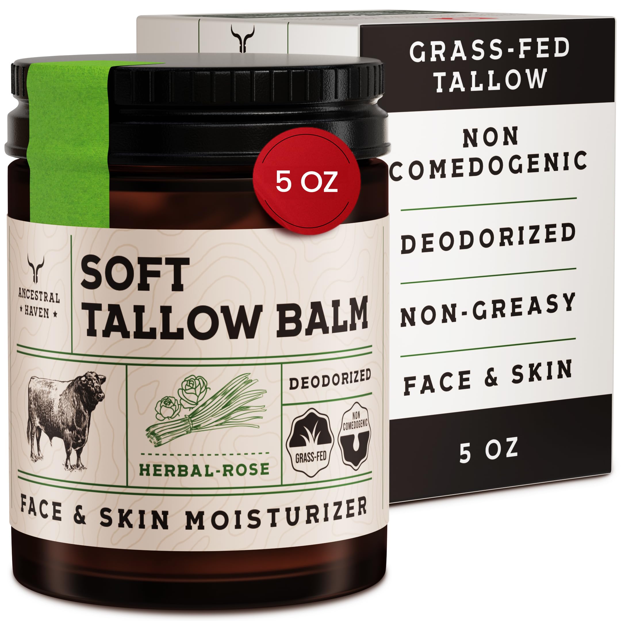 Ancestral Haven Beef Tallow for Skin - Tallow And Herbal Balm For Face - Gift Ready Box - Tallow Face Moisturizer - Tallow Balm - Grass Fed Tallow Face Cream Lotion (5.0 Oz, Herbal-Rose)