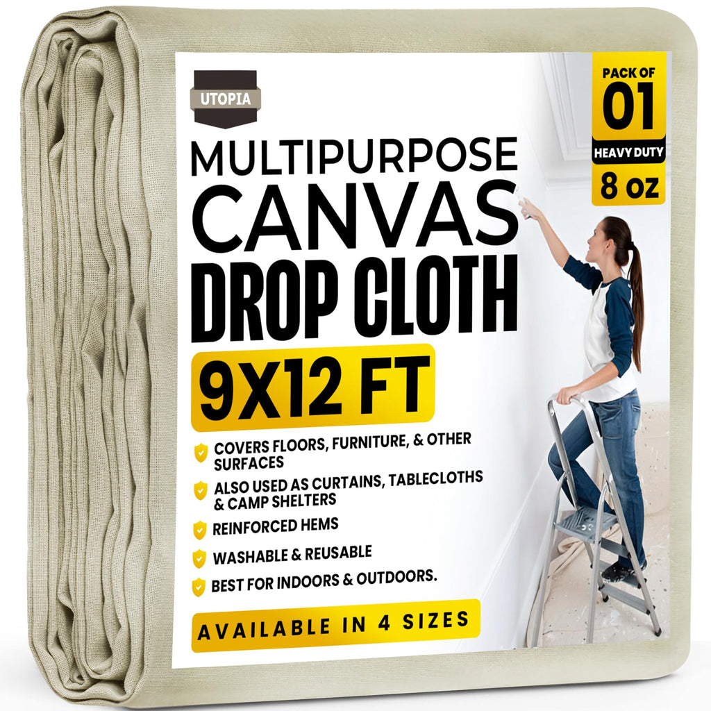 Utopia Drop Cloth (9x12 ft, 1 Pack) Washable and Reusable Drop Cloth for Painting, Furniture & Floor Protection Highly Absorbent Painting Tarp - Canvas Drop Cloth for Outdoor and Indoor Use