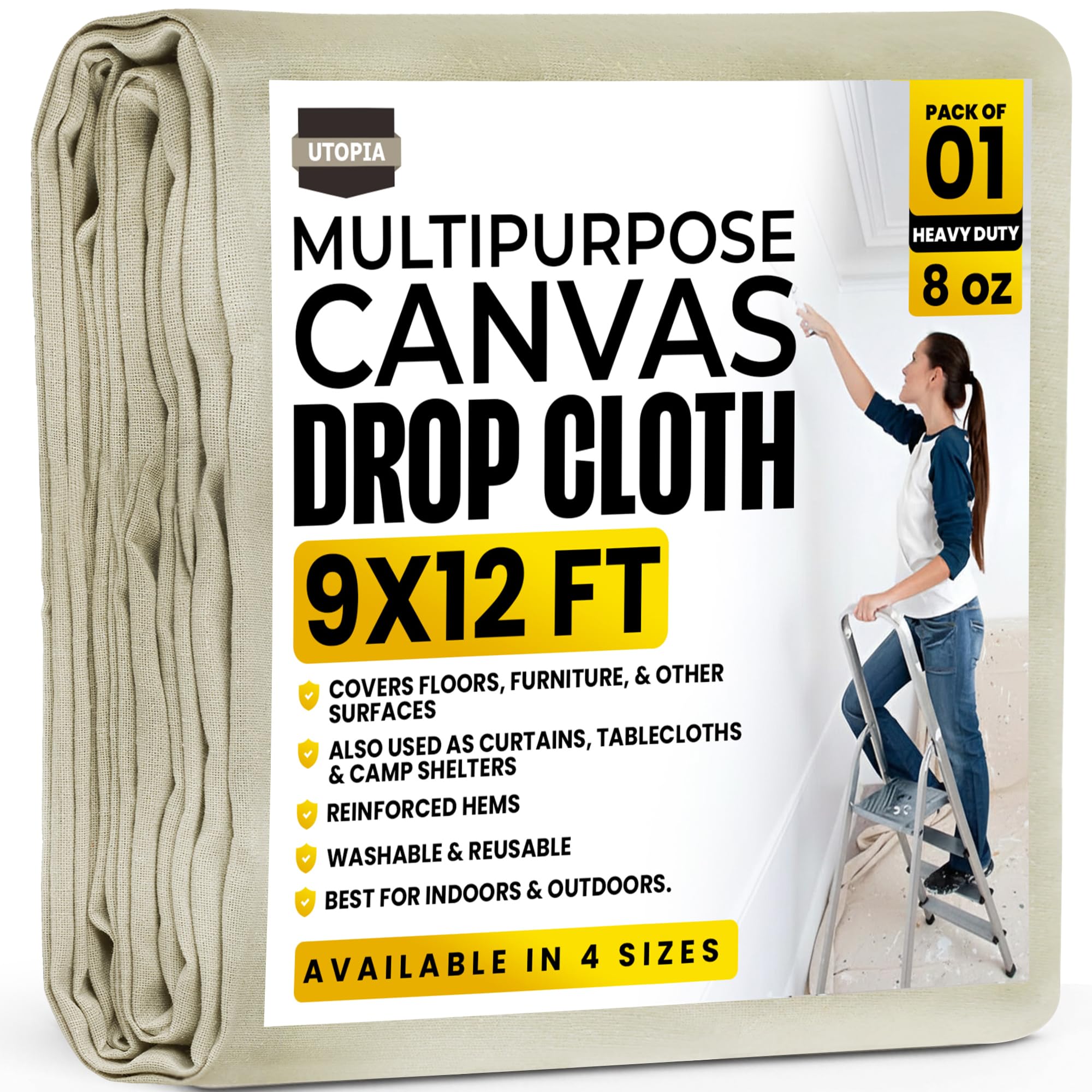 Utopia Drop Cloth (9x12 ft, 1 Pack) Washable and Reusable Drop Cloth for Painting, Furniture & Floor Protection Highly Absorbent Painting Tarp - Canvas Drop Cloth for Outdoor and Indoor Use