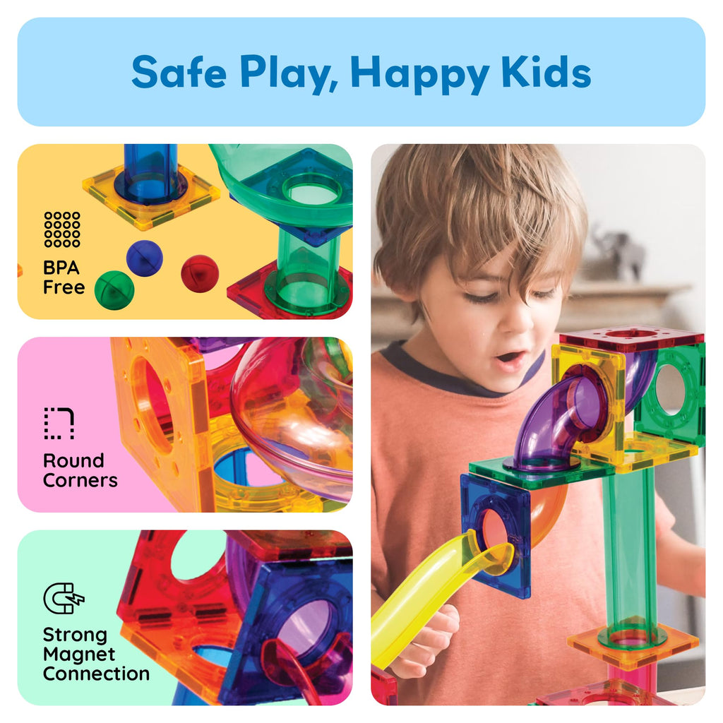 PicassoTiles 50pcs Magnetic Tiles Marble Run for Kids Race Track Toy Marble Maze Sensory Toys for Toddlers STEM Educational Set Magnet Building Blocks Construction Building Tiles Boys Girls 3+ PTG50