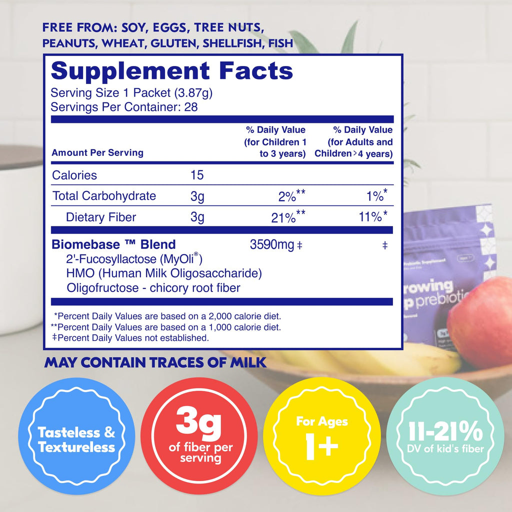 Begin Health Growing Up Prebiotics for Kids 28-Packs | Prebiotic Soluble Powder Stool Softeners and Digestive Gut Health Supplement | Ideal to Mix with Kids Daily Beverages and Soft Foods - Unflavored
